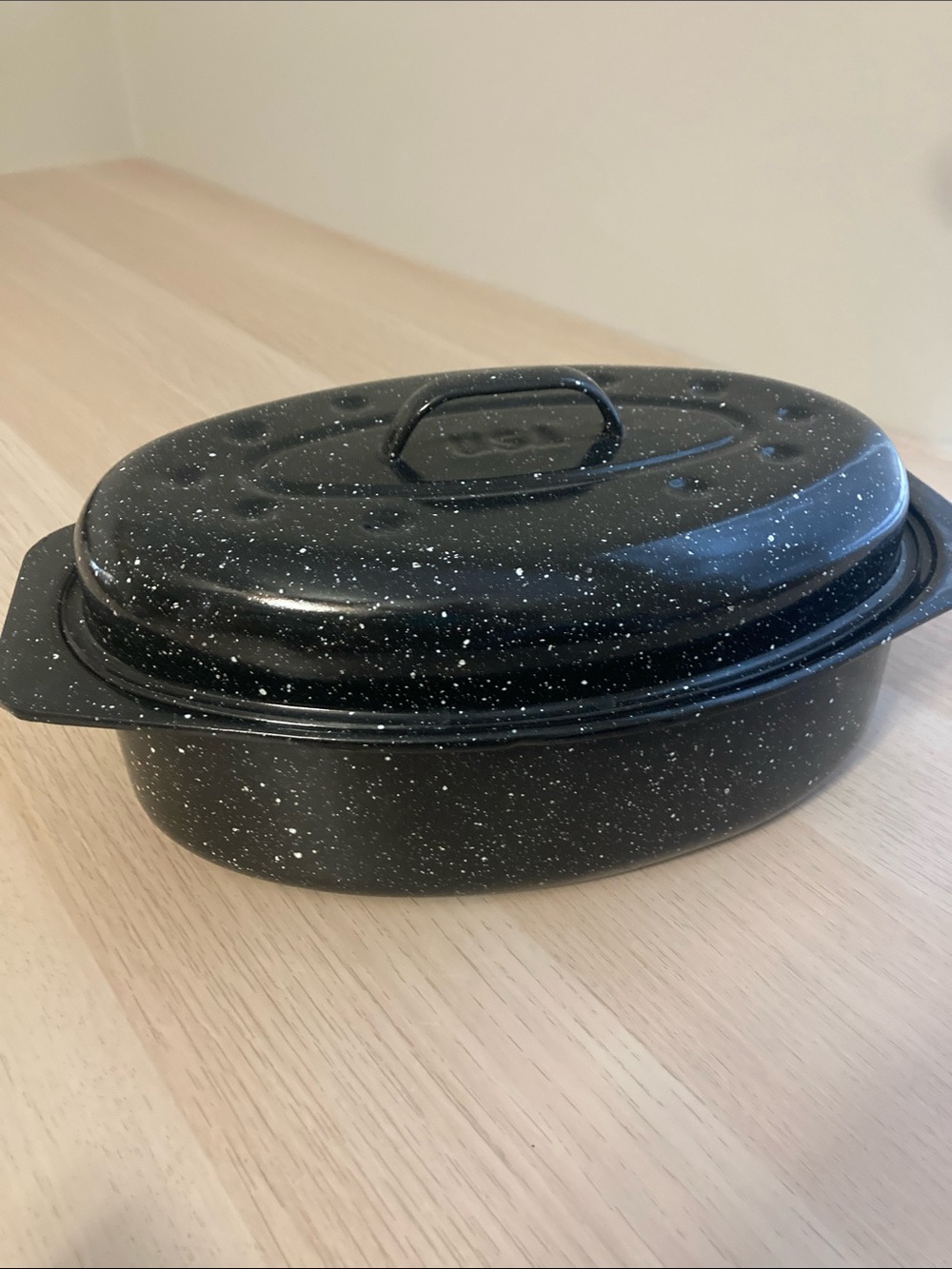 Vintage Black Speckled Roaster Pan with Lid - Brand Unspecified